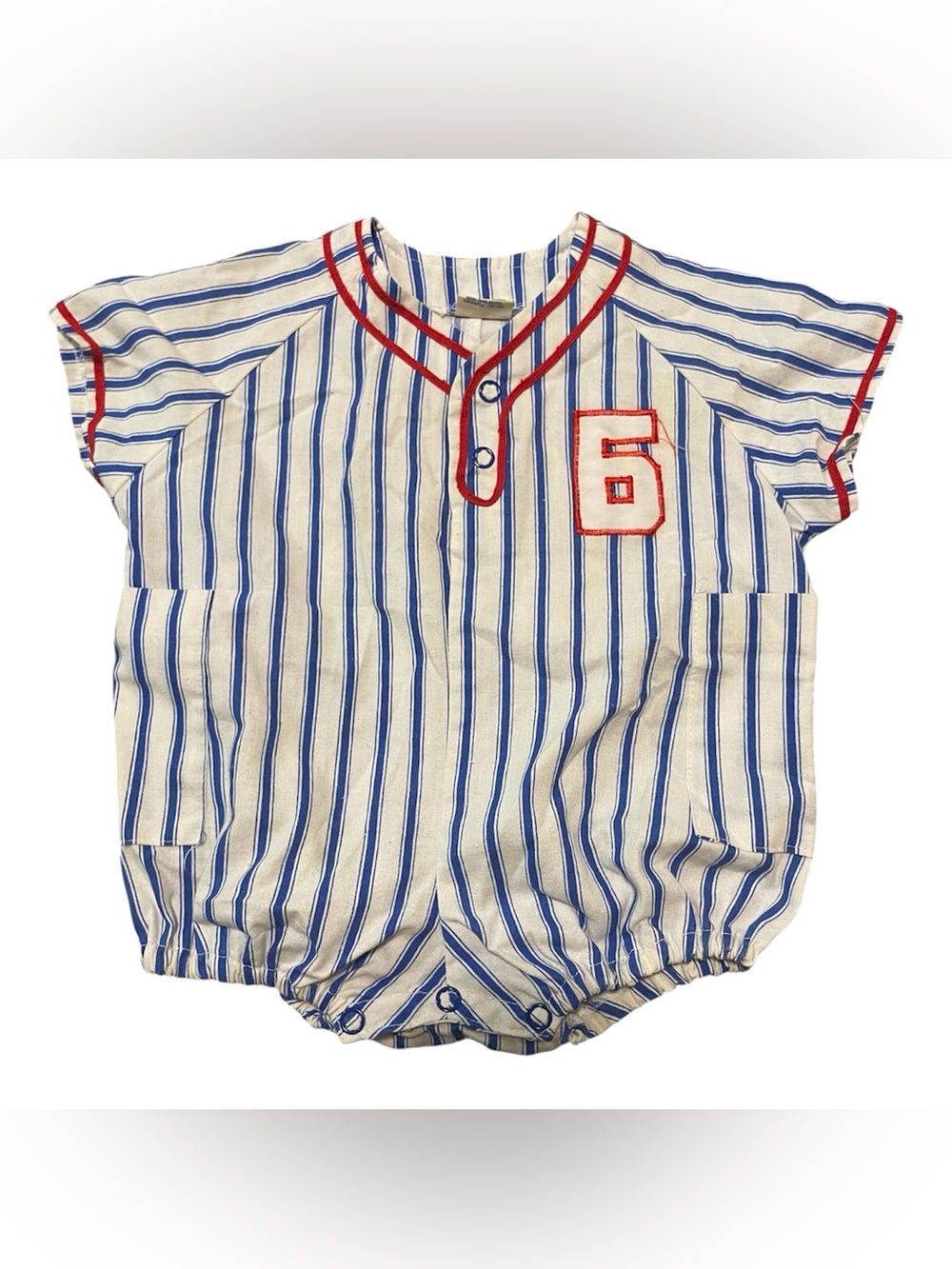 Vintage Striped Baby Romper with Red Trim and Number Patch Sz 0-6 Months
